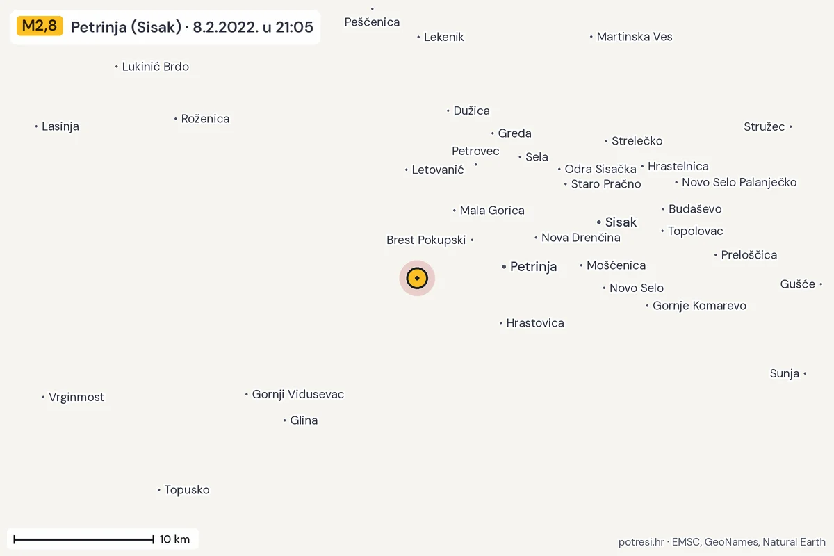 Karta: okolica epicentra, 60 km, potres M2,8, Petrinja (Sisak), 8.2.2022.
