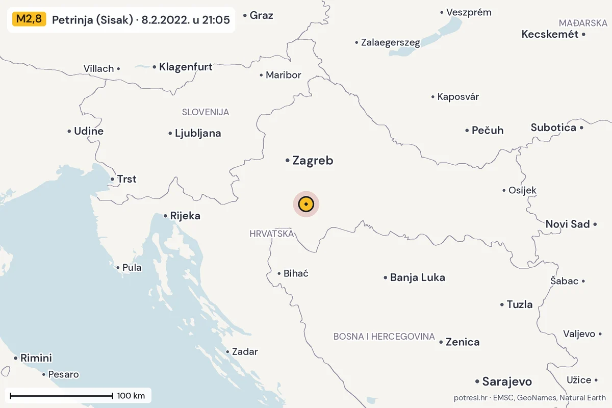 Karta: šire područje, 600 km, potres M2,8, Petrinja (Sisak), 8.2.2022.