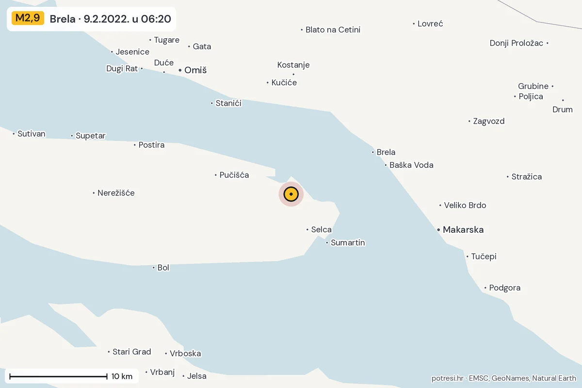 Karta: okolica epicentra, 60 km, potres M2,9, Brela, 9.2.2022.