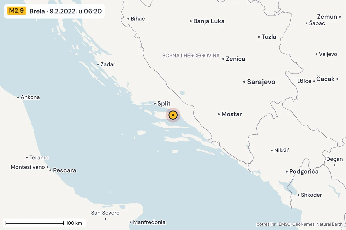 Karta: šire područje, 600 km, potres M2,9, Brela, 9.2.2022.