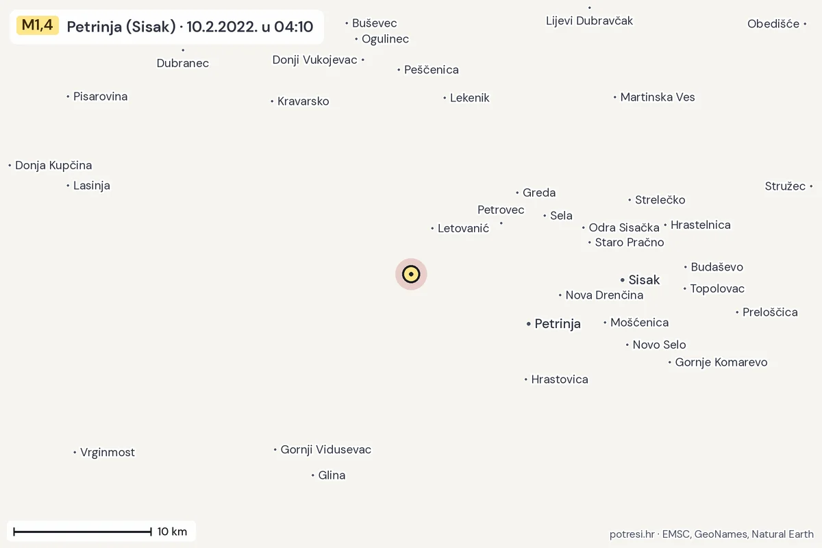Karta: okolica epicentra, 60 km, potres M1,4, Petrinja (Sisak), 10.2.2022.