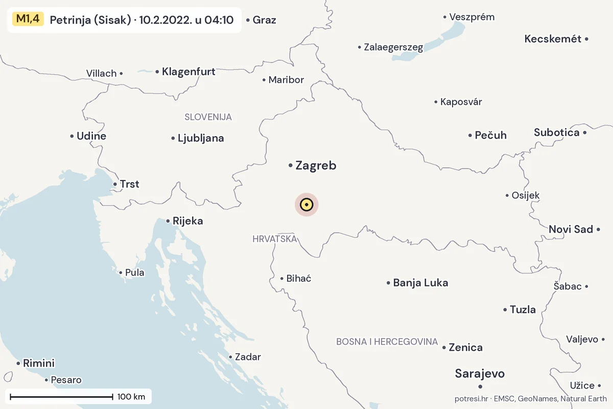 Karta: šire područje, 600 km, potres M1,4, Petrinja (Sisak), 10.2.2022.