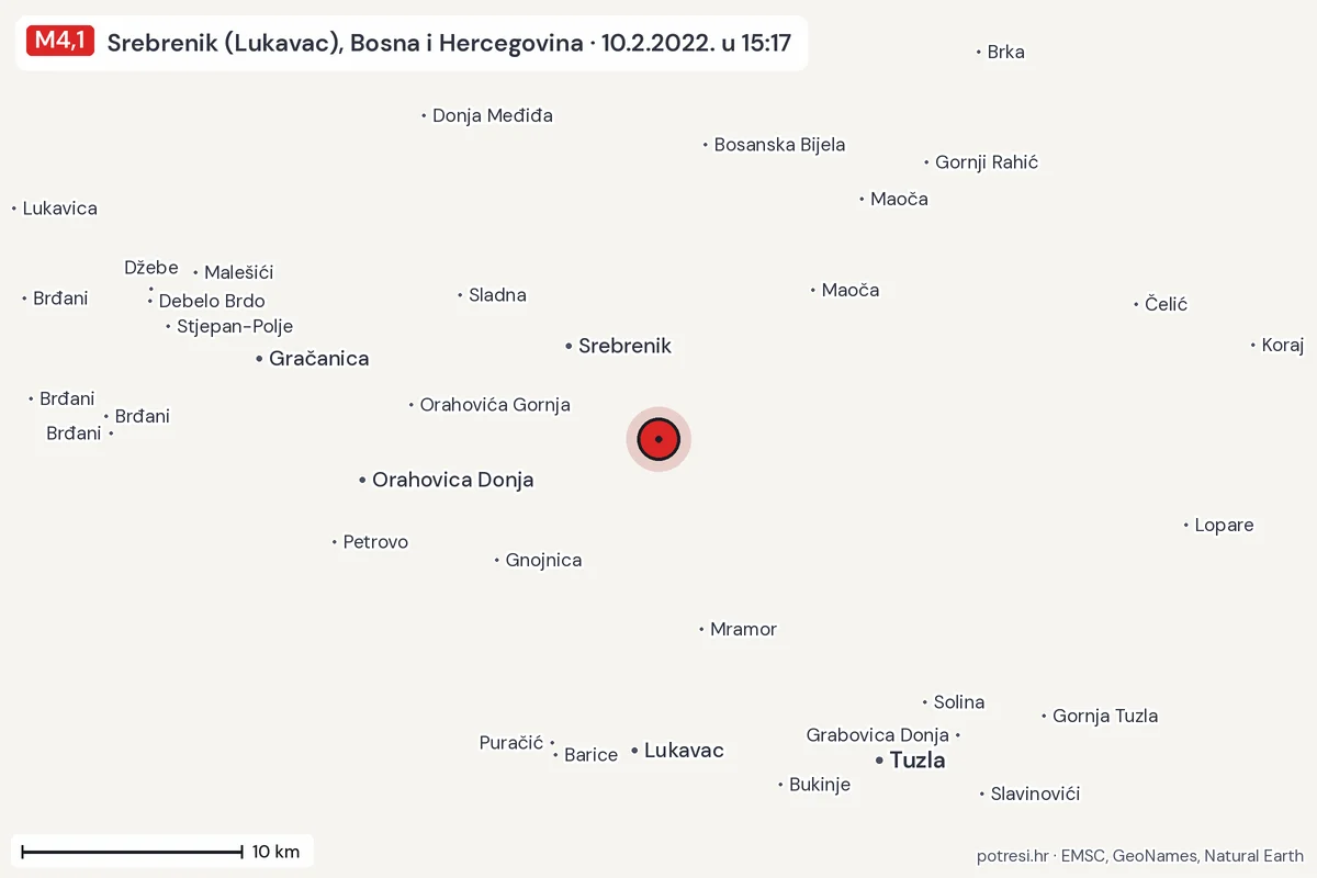 Karta: okolica epicentra, 60 km, potres M4,1, Srebrenik (Lukavac), Bosna i Hercegovina, 10.2.2022.