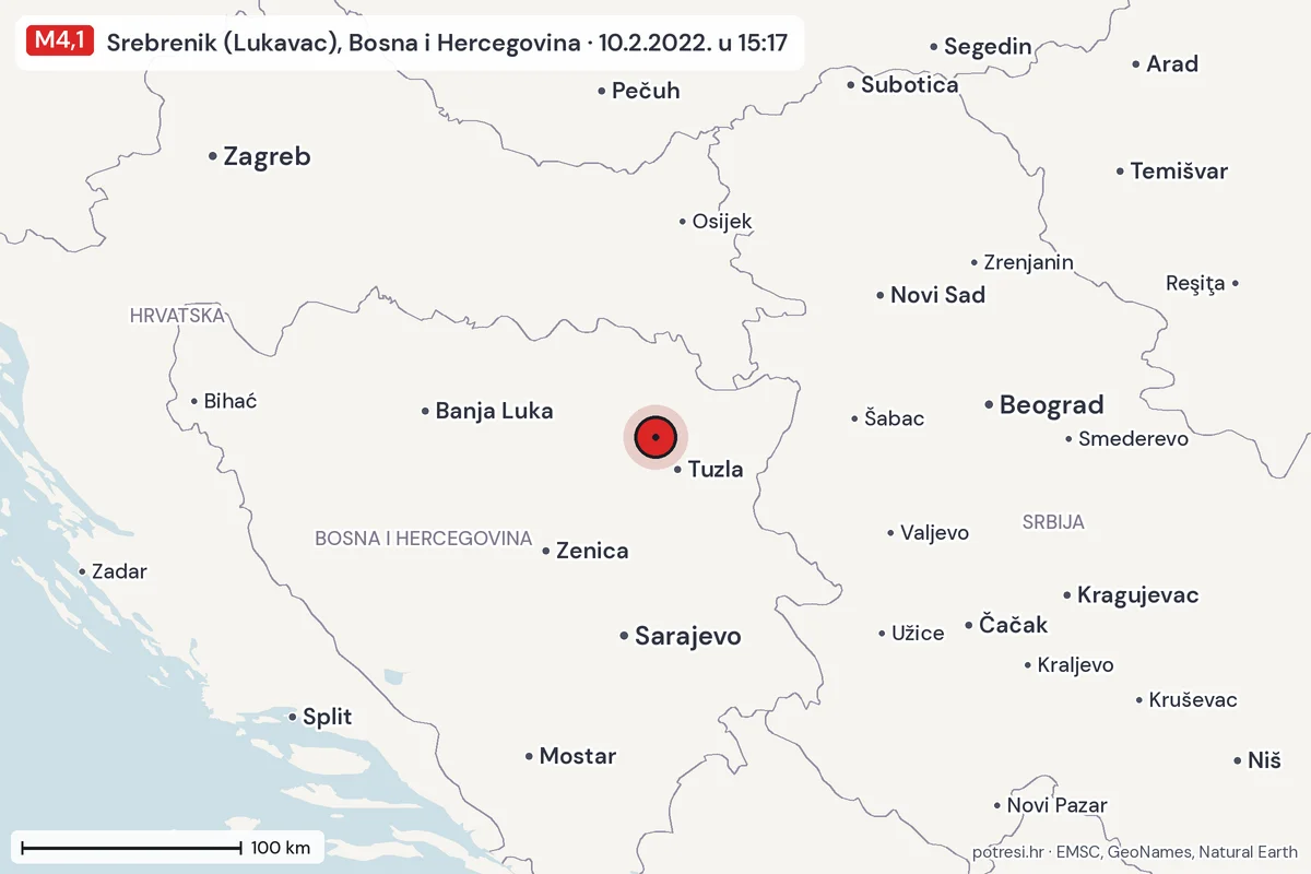 Karta: šire područje, 600 km, potres M4,1, Srebrenik (Lukavac), Bosna i Hercegovina, 10.2.2022.