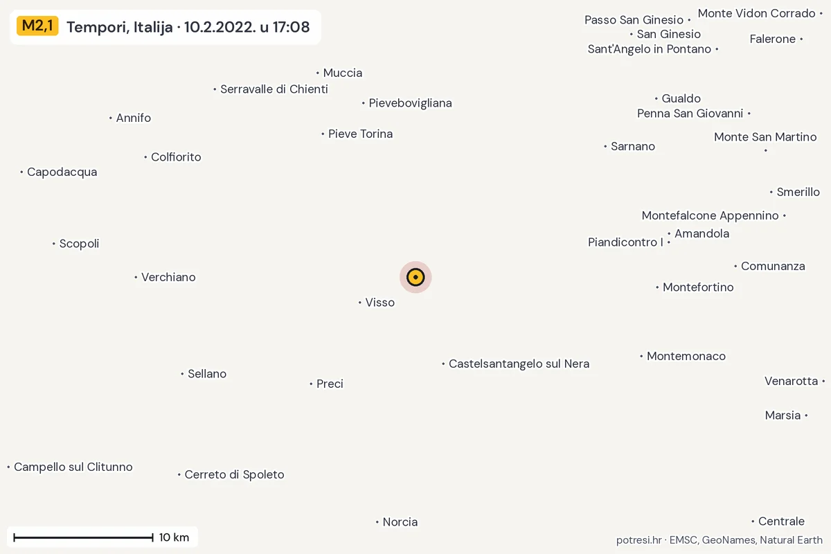 Karta: okolica epicentra, 60 km, potres M2,1, Tempori, Italija, 10.2.2022.