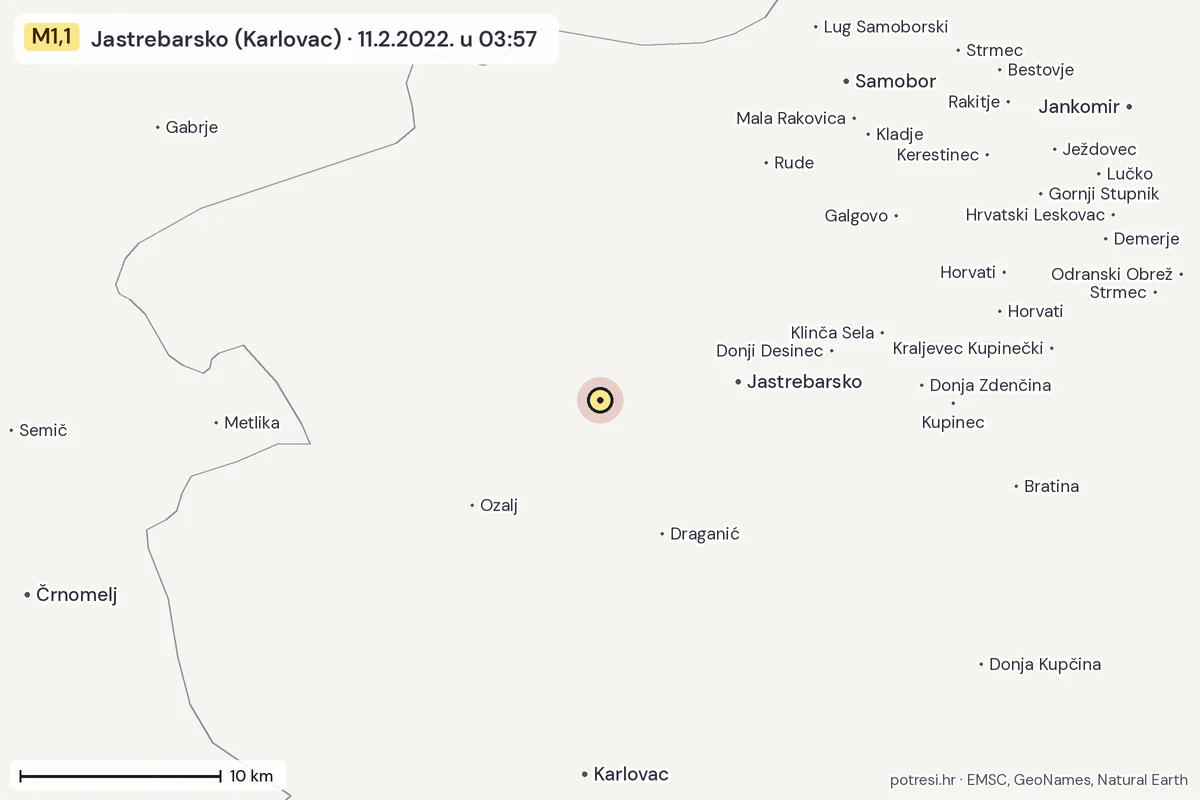 Karta: okolica epicentra, 60 km, potres M1,1, Jastrebarsko (Karlovac), 11.2.2022.