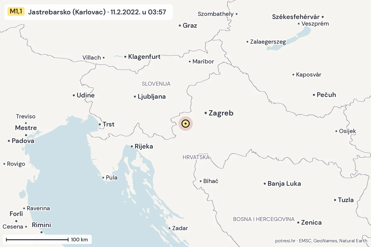 Karta: šire područje, 600 km, potres M1,1, Jastrebarsko (Karlovac), 11.2.2022.
