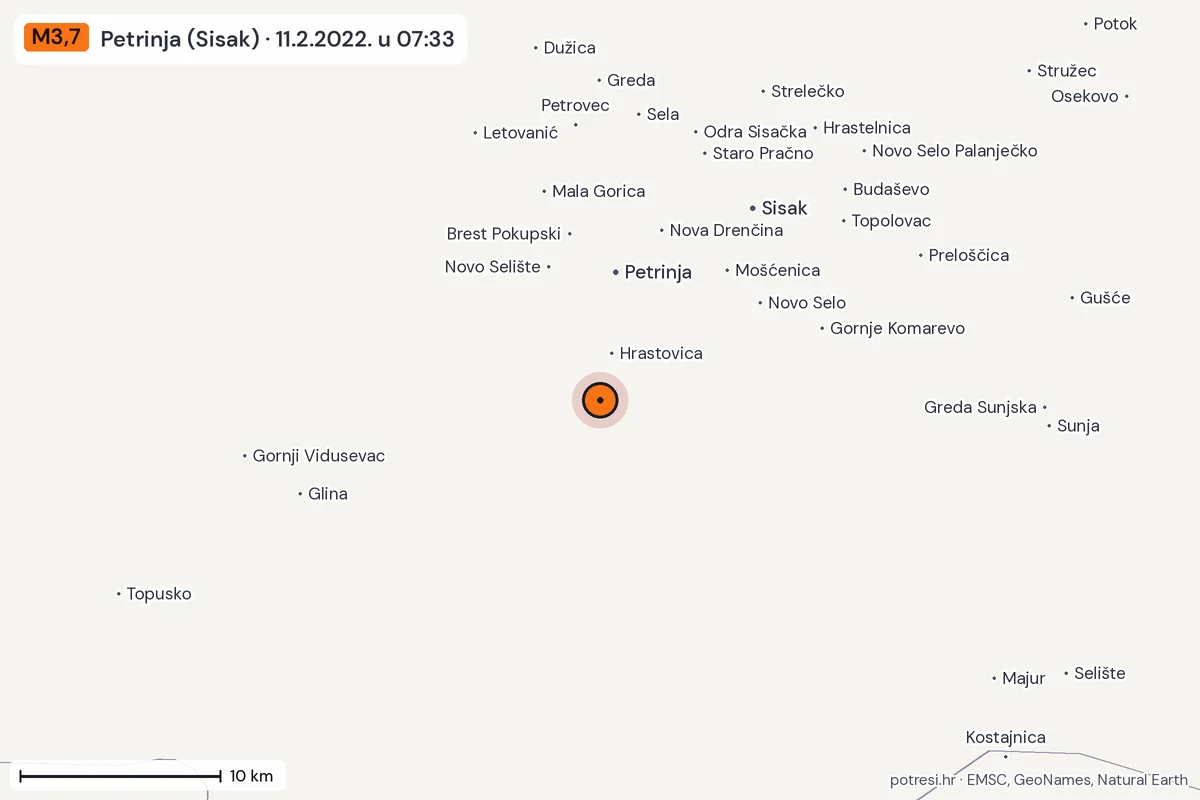 Karta: okolica epicentra, 60 km, potres M3,7, Petrinja (Sisak), 11.2.2022.