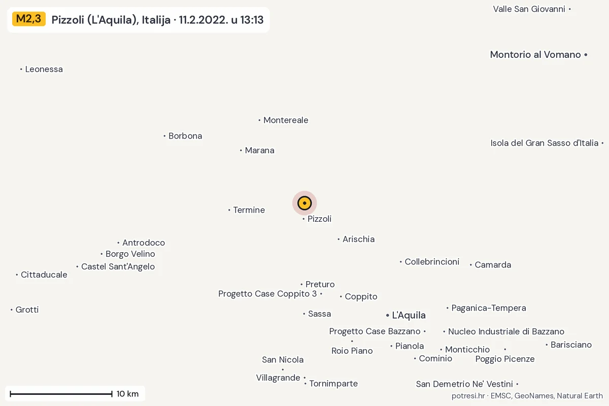 Karta: okolica epicentra, 60 km, potres M2,3, Pizzoli (L'Aquila), Italija, 11.2.2022.