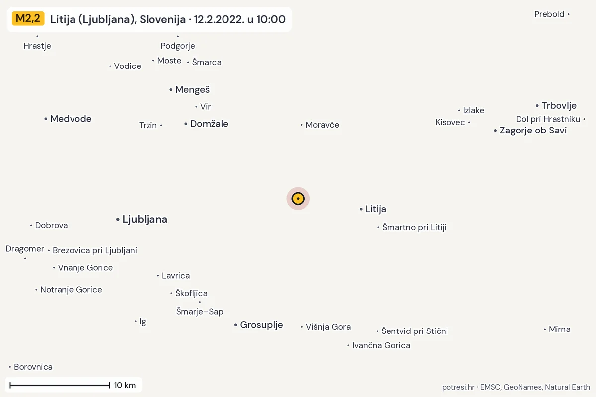 Karta: okolica epicentra, 60 km, potres M2,2, Litija (Ljubljana), Slovenija, 12.2.2022.