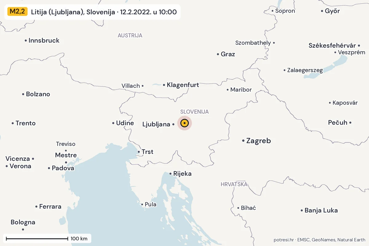 Karta: šire područje, 600 km, potres M2,2, Litija (Ljubljana), Slovenija, 12.2.2022.