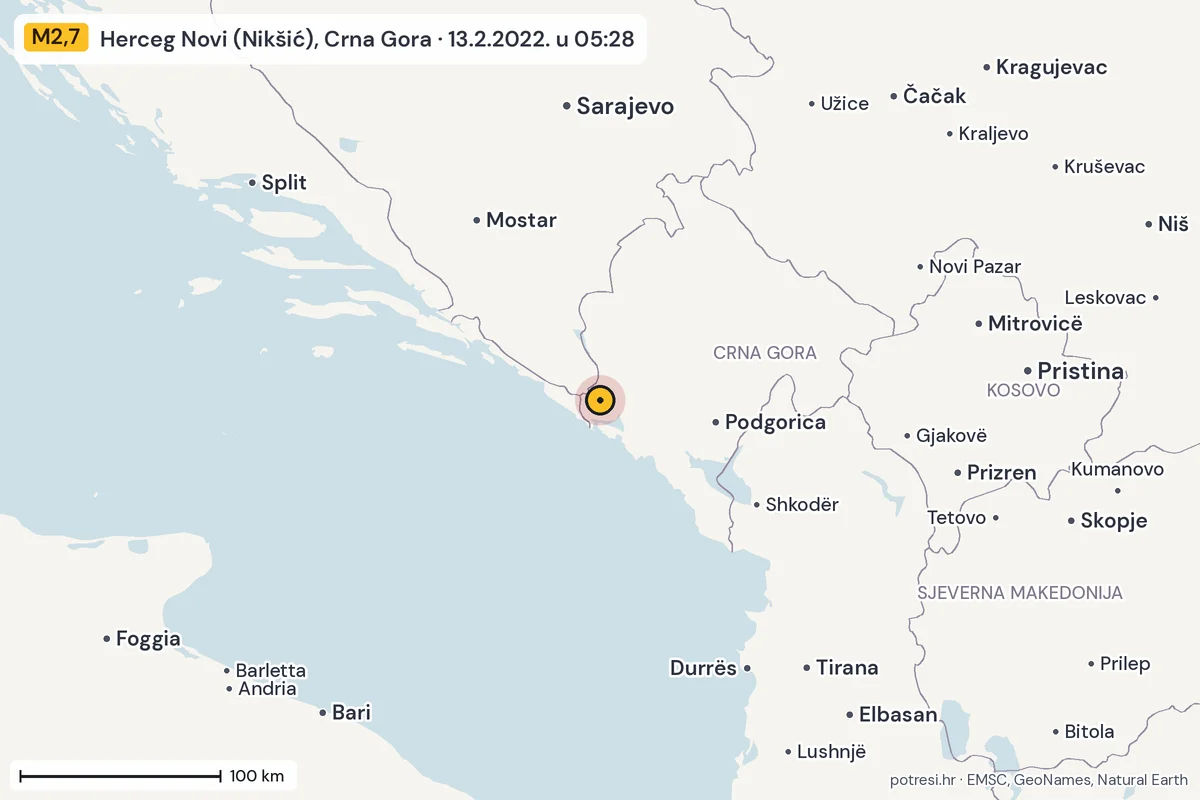 Karta: šire područje, 600 km, potres M2,7, Herceg Novi (Nikšić), Crna Gora, 13.2.2022.