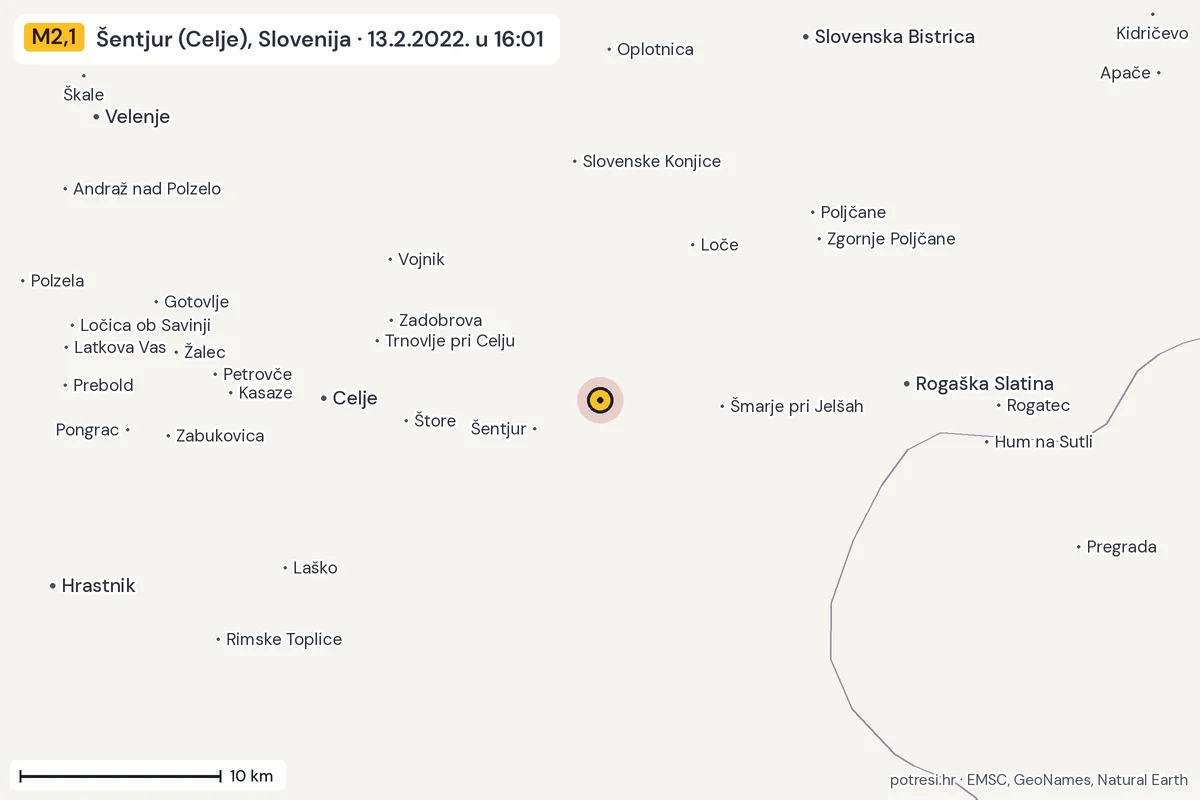 Karta: okolica epicentra, 60 km, potres M2,1, Šentjur (Celje), Slovenija, 13.2.2022.
