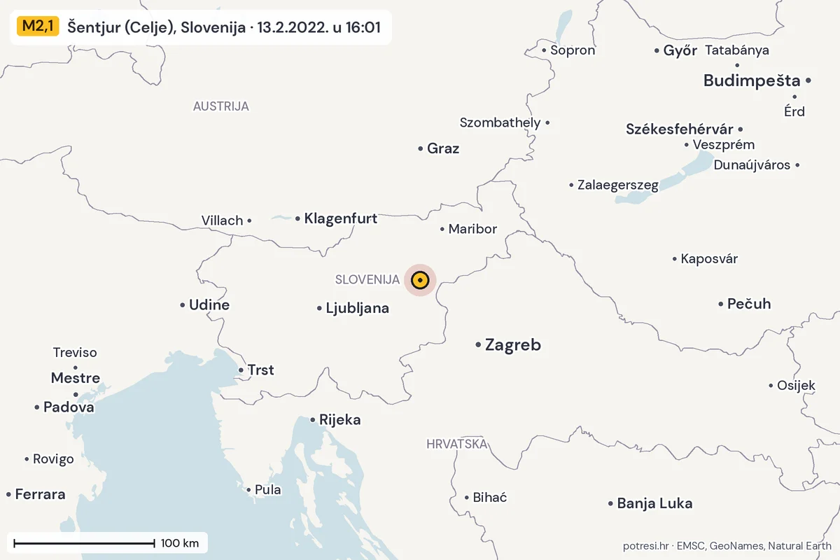 Karta: šire područje, 600 km, potres M2,1, Šentjur (Celje), Slovenija, 13.2.2022.