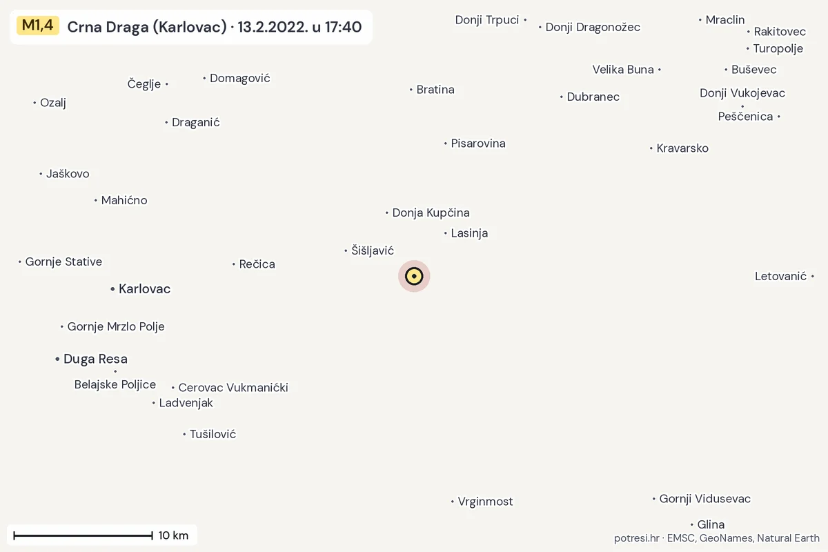 Karta: okolica epicentra, 60 km, potres M1,4, Crna Draga (Karlovac), 13.2.2022.