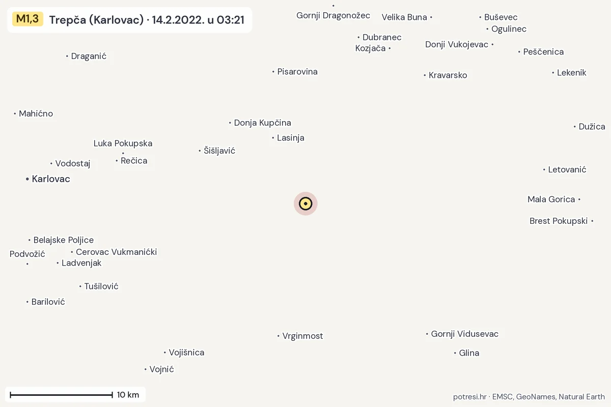 Karta: okolica epicentra, 60 km, potres M1,3, Trepča (Karlovac), 14.2.2022.