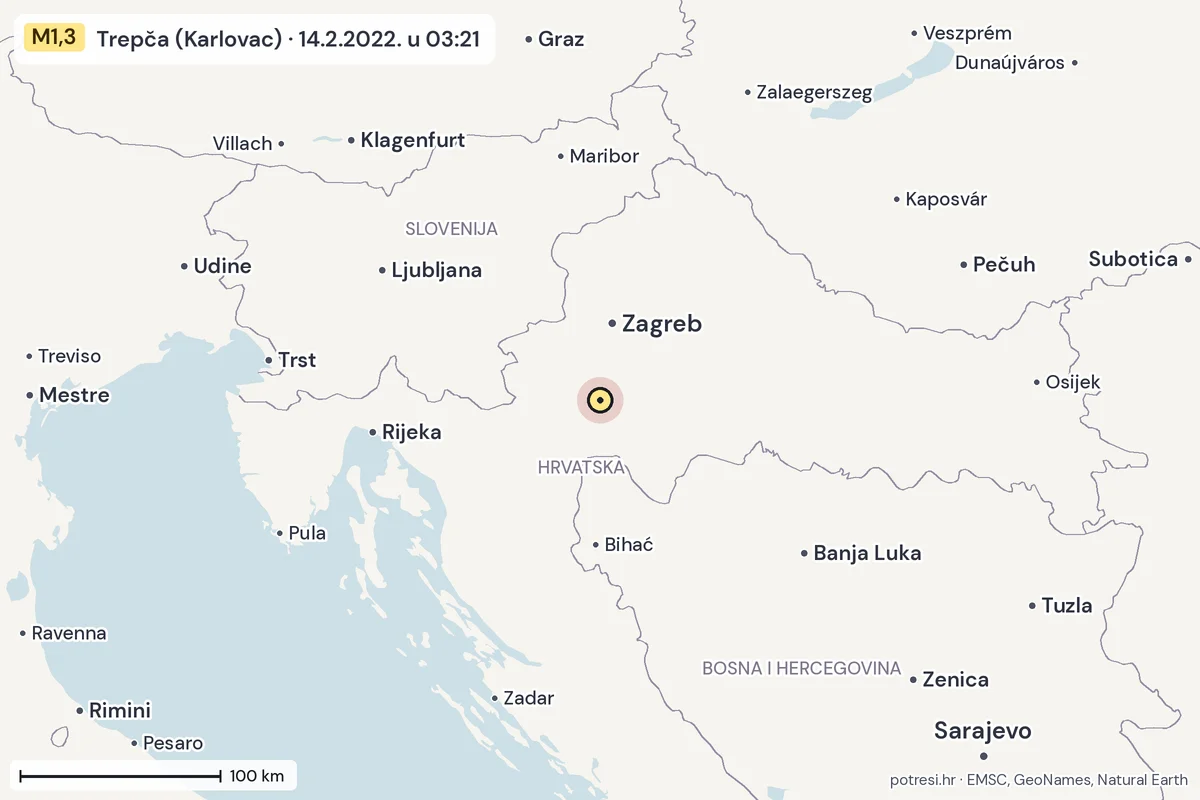 Karta: šire područje, 600 km, potres M1,3, Trepča (Karlovac), 14.2.2022.