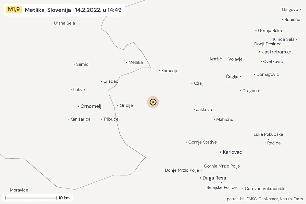 Karta: okolica epicentra, 60 km, potres M1,9, Metlika, Slovenija, 14.2.2022.