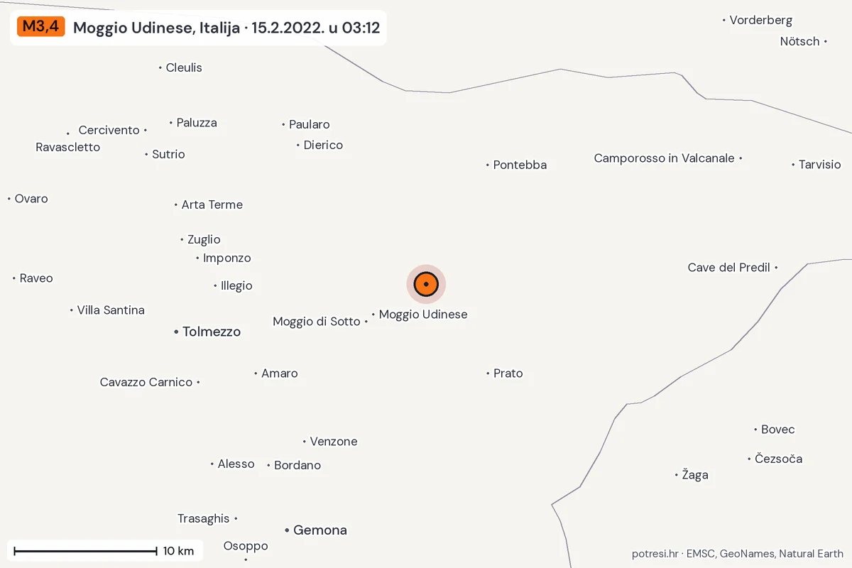 Karta: okolica epicentra, 60 km, potres M3,4, Moggio Udinese, Italija, 15.2.2022.
