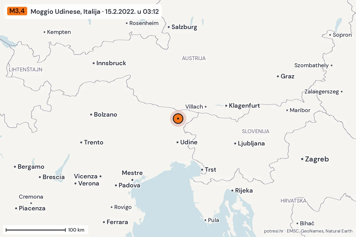 Karta: šire područje, 600 km, potres M3,4, Moggio Udinese, Italija, 15.2.2022.