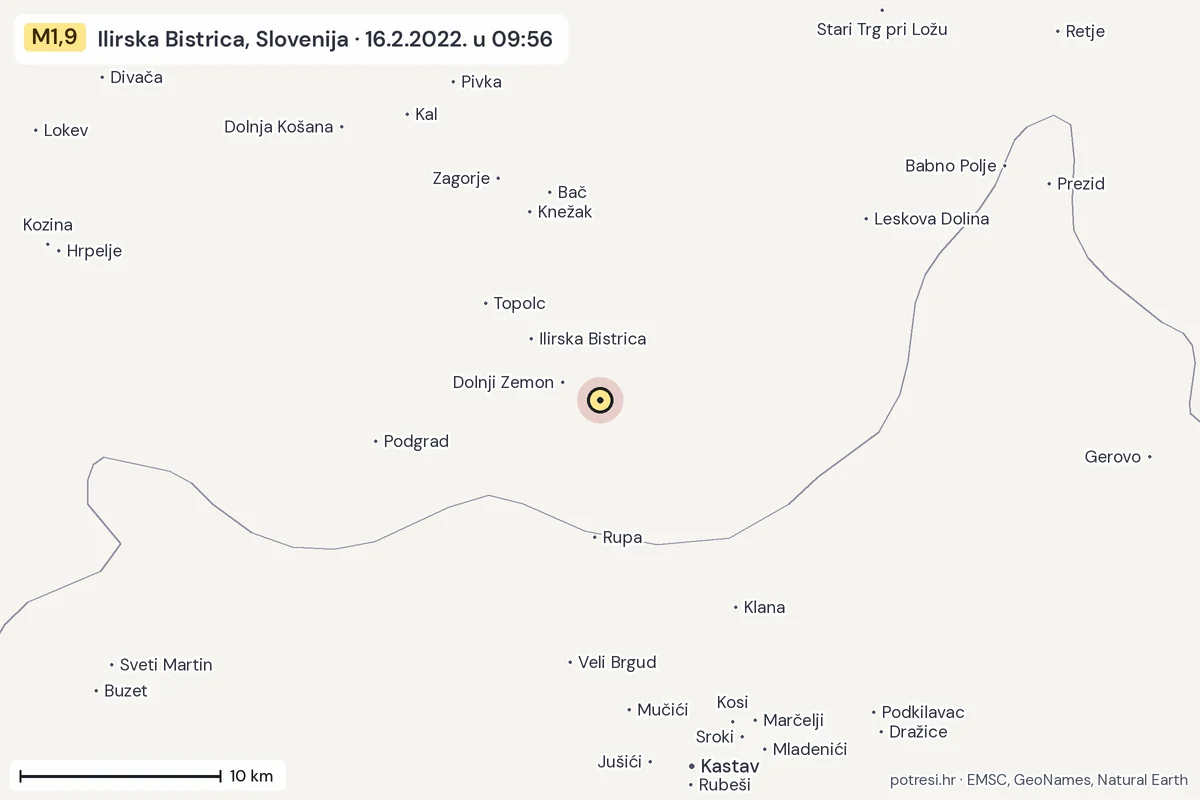 Karta: okolica epicentra, 60 km, potres M1,9, Ilirska Bistrica, Slovenija, 16.2.2022.