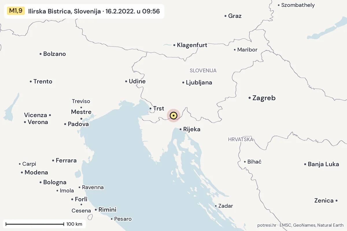 Karta: šire područje, 600 km, potres M1,9, Ilirska Bistrica, Slovenija, 16.2.2022.