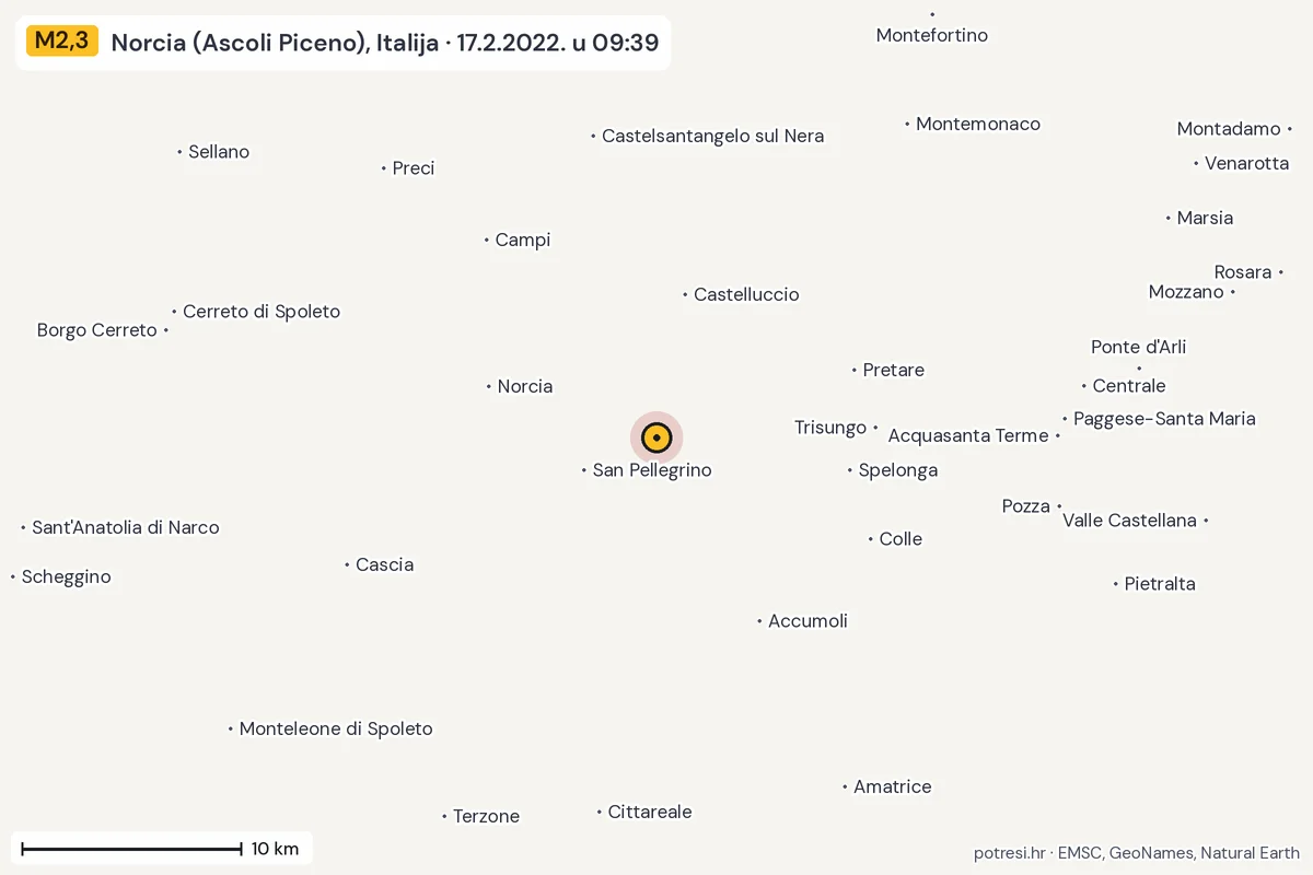 Karta: okolica epicentra, 60 km, potres M2,3, Norcia (Ascoli Piceno), Italija, 17.2.2022.