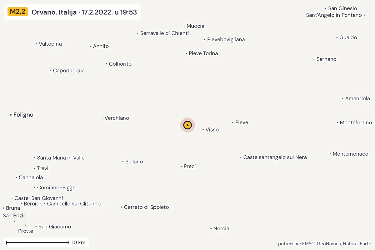 Karta: okolica epicentra, 60 km, potres M2,2, Orvano, Italija, 17.2.2022.