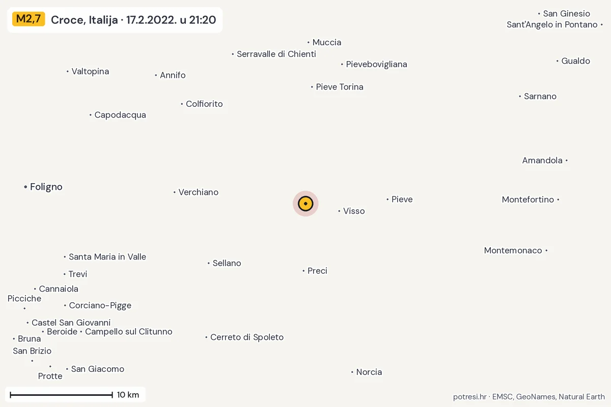 Karta: okolica epicentra, 60 km, potres M2,7, Croce, Italija, 17.2.2022.