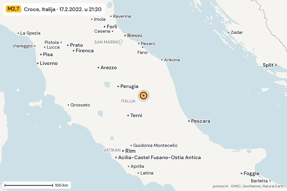 Karta: šire područje, 600 km, potres M2,7, Croce, Italija, 17.2.2022.