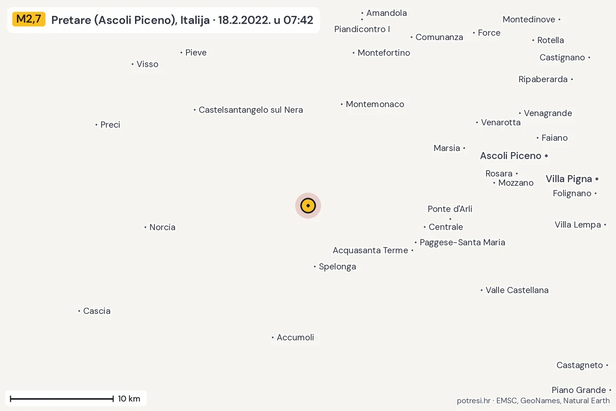 Karta: okolica epicentra, 60 km, potres M2,7, Pretare (Ascoli Piceno), Italija, 18.2.2022.