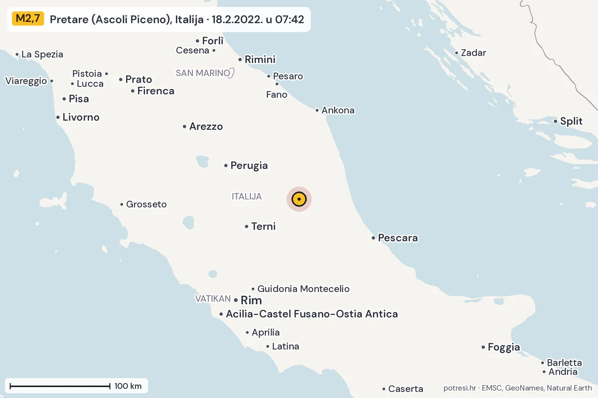 Karta: šire područje, 600 km, potres M2,7, Pretare (Ascoli Piceno), Italija, 18.2.2022.