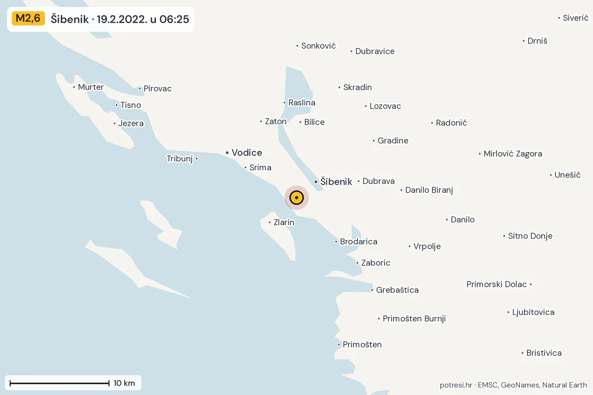 Karta: okolica epicentra, 60 km, potres M2,6, Šibenik, 19.2.2022.