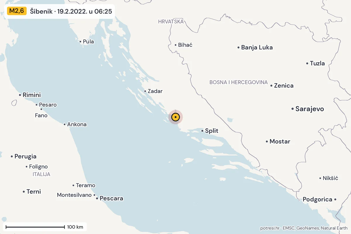 Karta: šire područje, 600 km, potres M2,6, Šibenik, 19.2.2022.