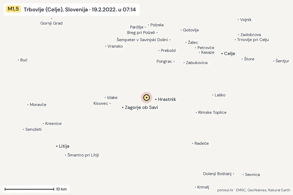 Karta: okolica epicentra, 60 km, potres M1,5, Trbovlje (Celje), Slovenija, 19.2.2022.