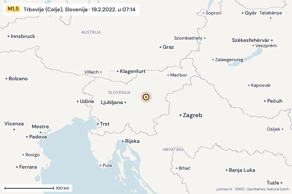 Karta: šire područje, 600 km, potres M1,5, Trbovlje (Celje), Slovenija, 19.2.2022.