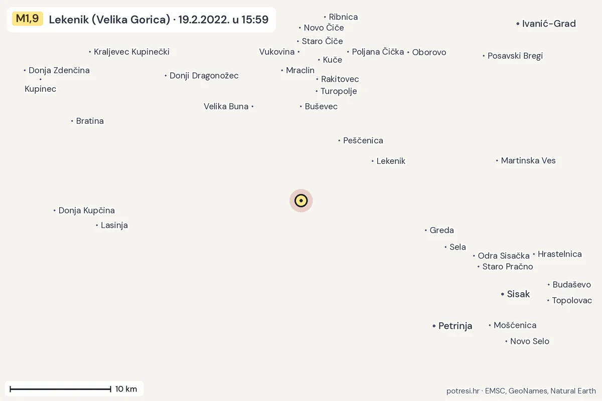 Karta: okolica epicentra, 60 km, potres M1,9, Lekenik (Velika Gorica), 19.2.2022.