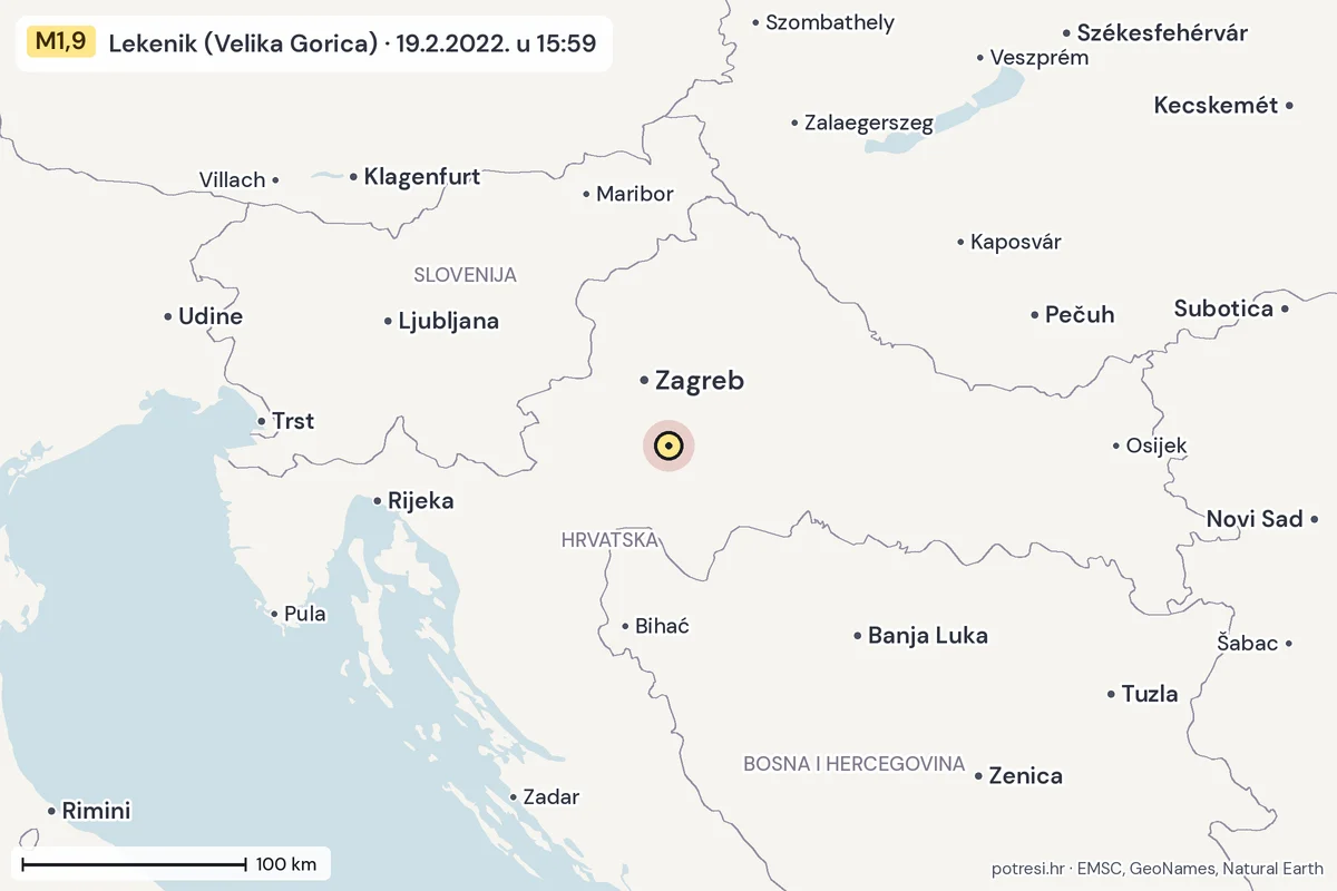 Karta: šire područje, 600 km, potres M1,9, Lekenik (Velika Gorica), 19.2.2022.