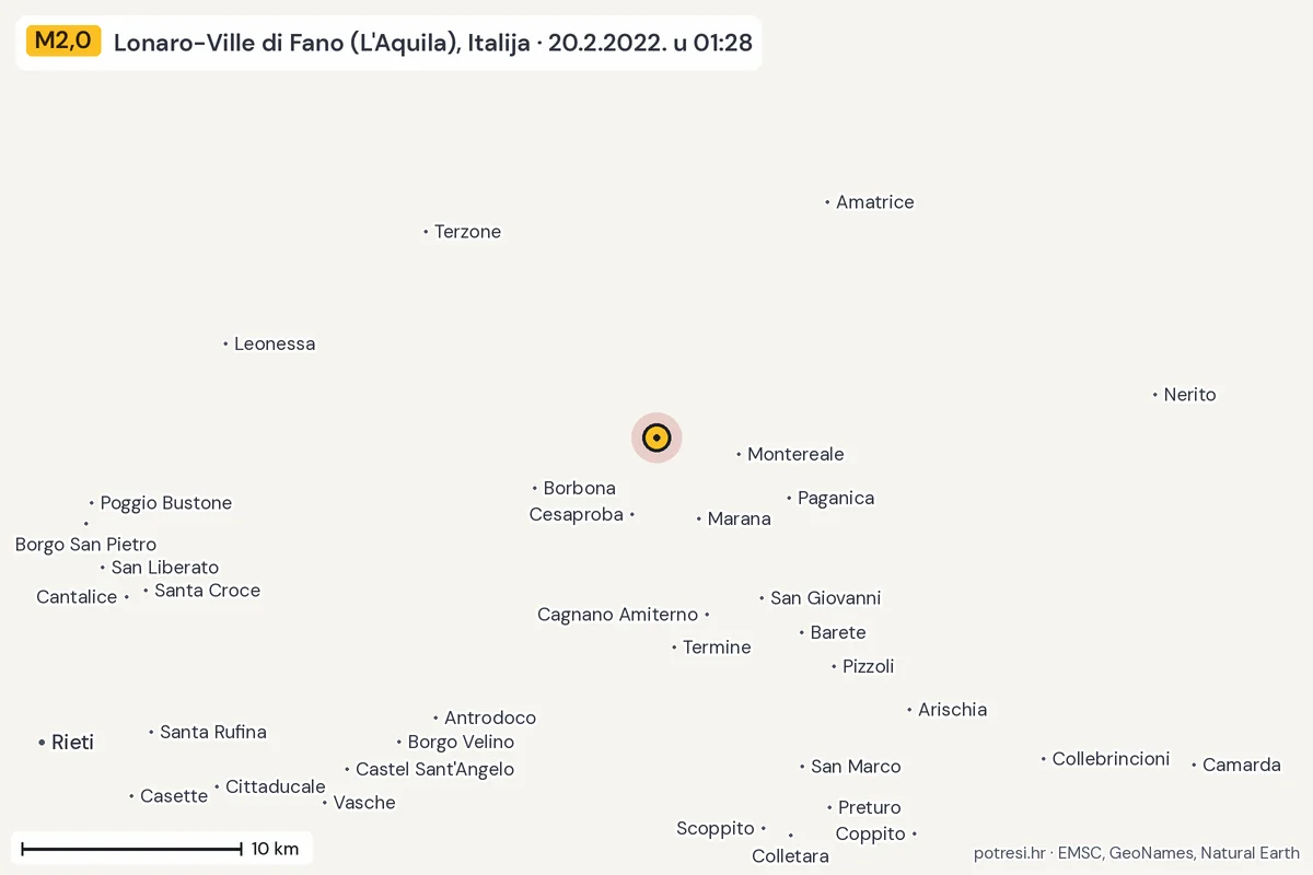 Karta: okolica epicentra, 60 km, potres M2,0, Lonaro-Ville di Fano (L'Aquila), Italija, 20.2.2022.
