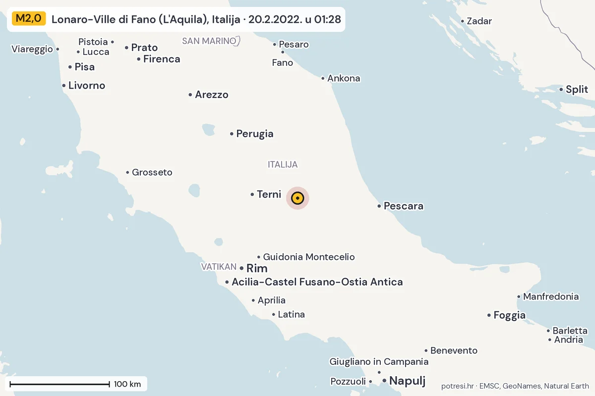 Karta: šire područje, 600 km, potres M2,0, Lonaro-Ville di Fano (L'Aquila), Italija, 20.2.2022.