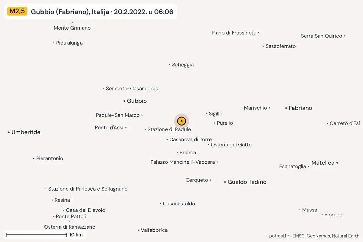 Karta: okolica epicentra, 60 km, potres M2,5, Gubbio (Fabriano), Italija, 20.2.2022.