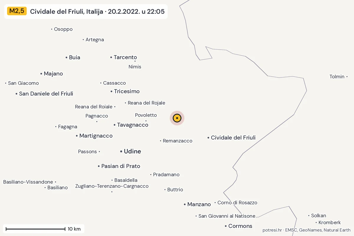 Karta: okolica epicentra, 60 km, potres M2,5, Cividale del Friuli, Italija, 20.2.2022.