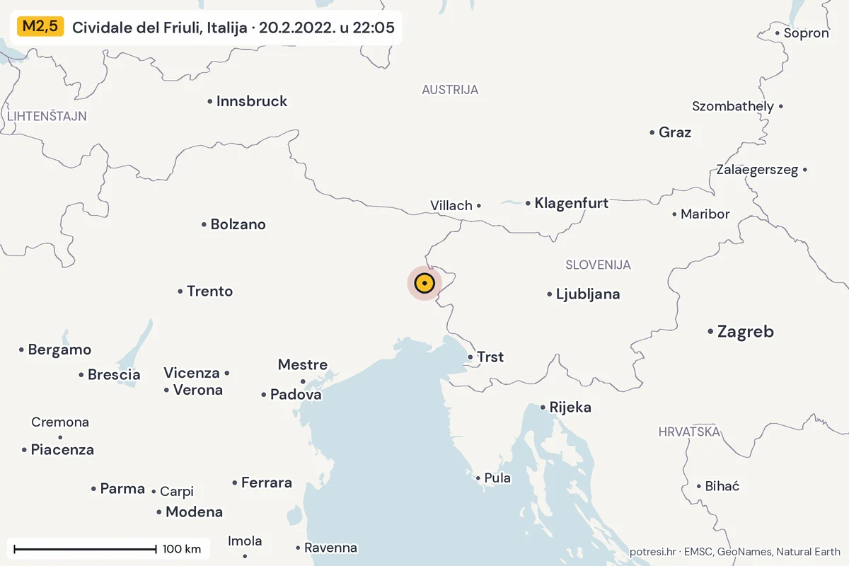 Karta: šire područje, 600 km, potres M2,5, Cividale del Friuli, Italija, 20.2.2022.