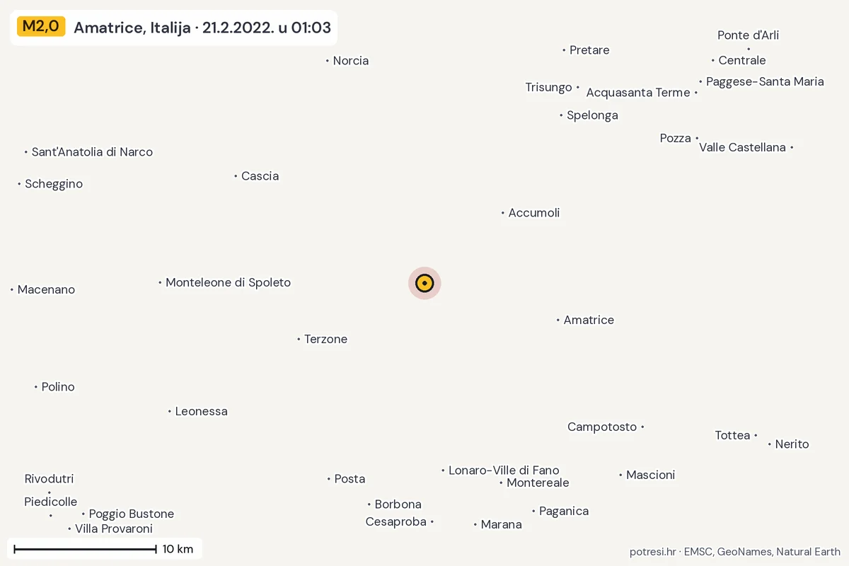 Karta: okolica epicentra, 60 km, potres M2,0, Amatrice, Italija, 21.2.2022.