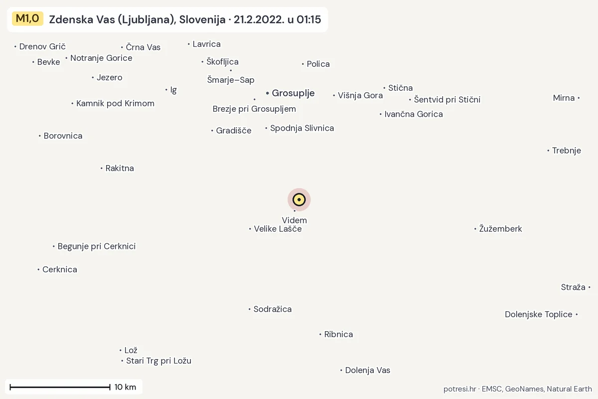 Karta: okolica epicentra, 60 km, potres M1,0, Zdenska Vas (Ljubljana), Slovenija, 21.2.2022.