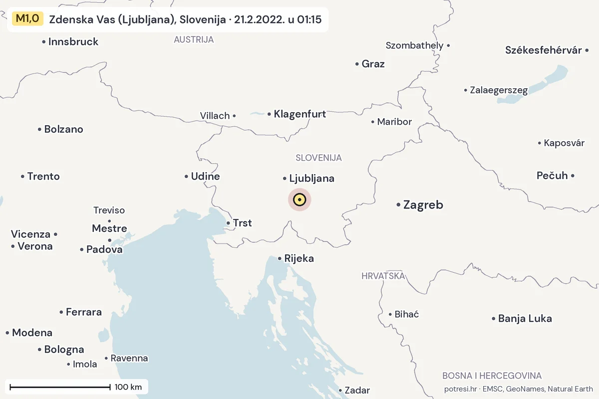 Karta: šire područje, 600 km, potres M1,0, Zdenska Vas (Ljubljana), Slovenija, 21.2.2022.