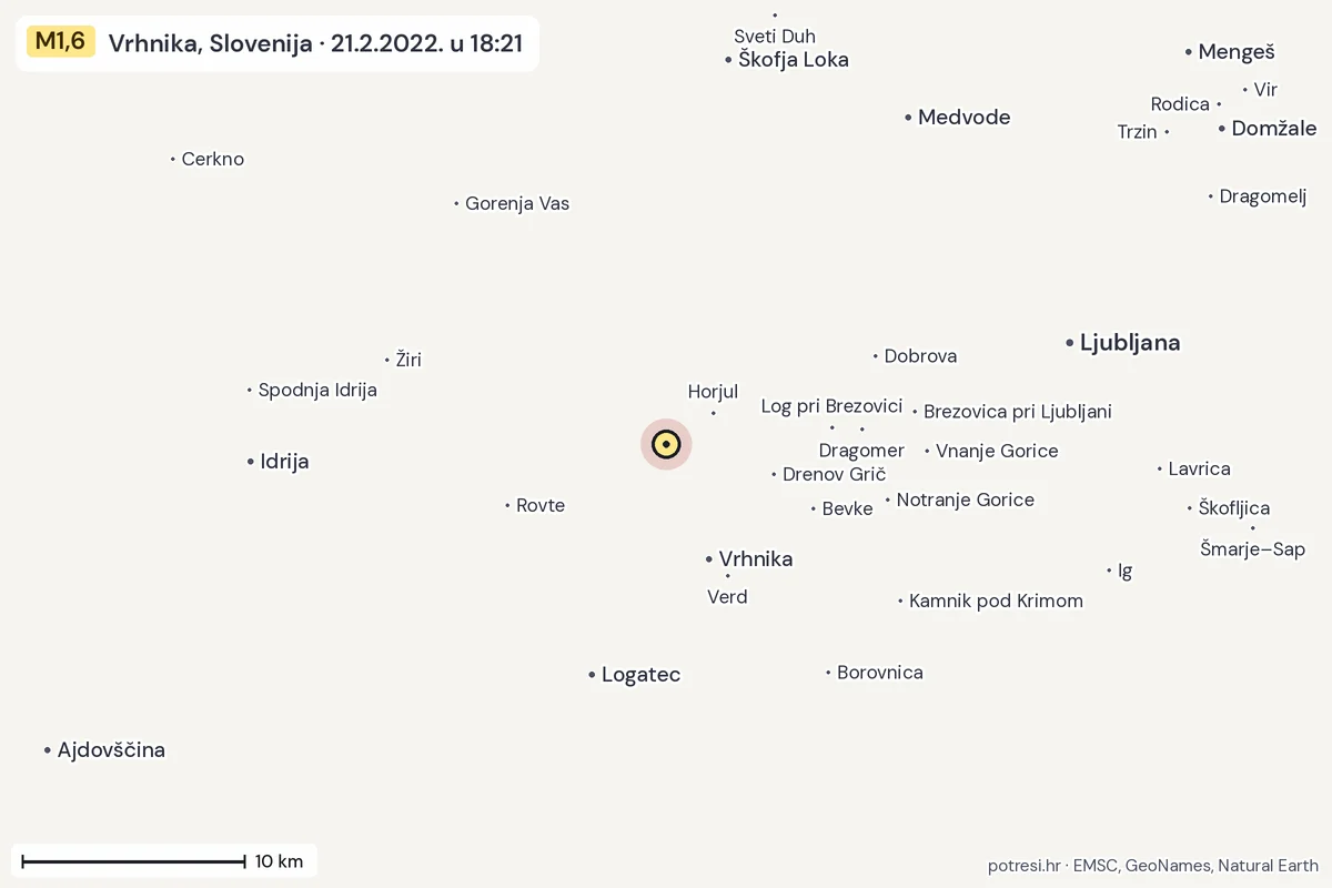 Karta: okolica epicentra, 60 km, potres M1,6, Vrhnika, Slovenija, 21.2.2022.