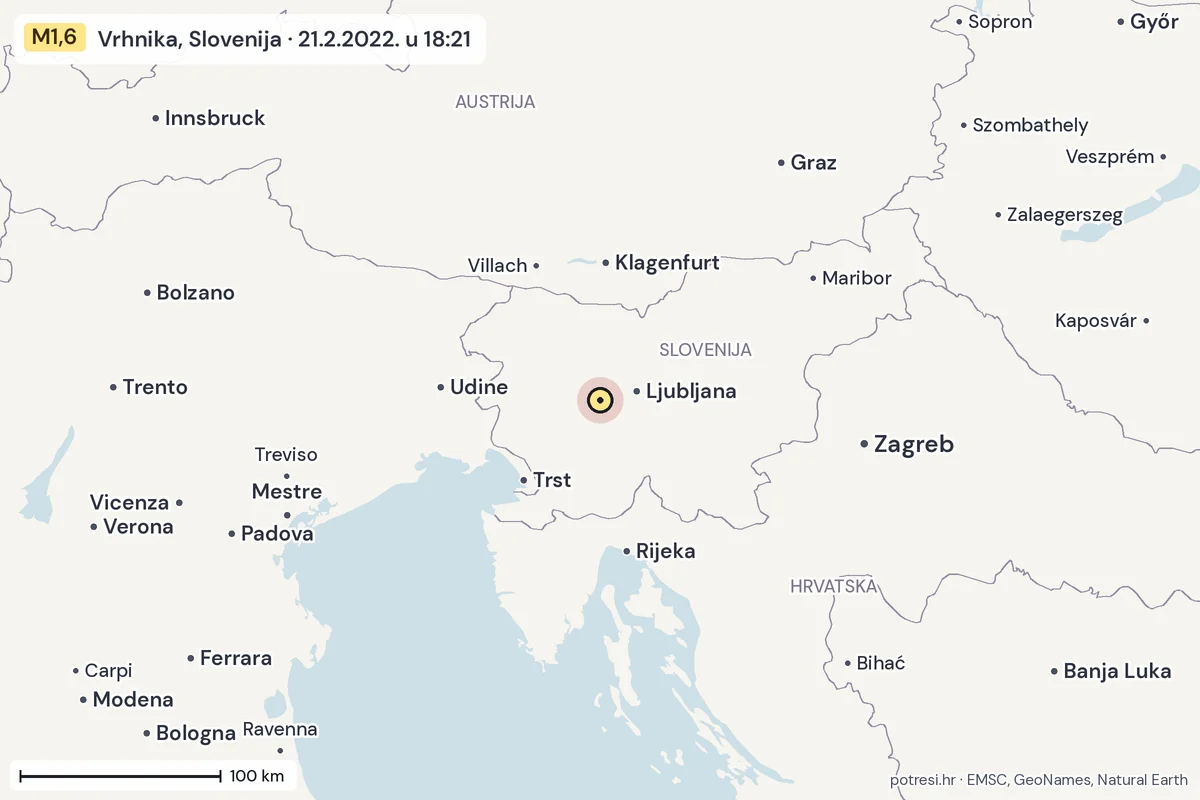 Karta: šire područje, 600 km, potres M1,6, Vrhnika, Slovenija, 21.2.2022.