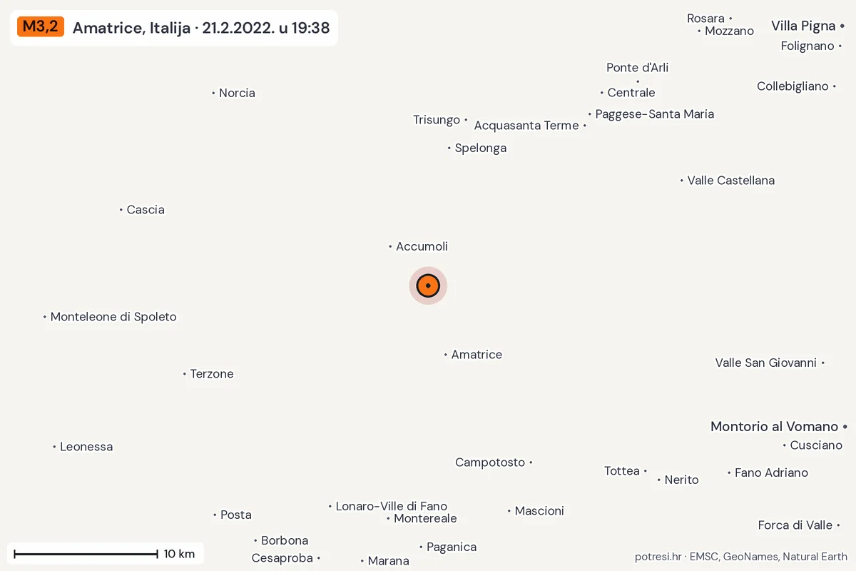 Karta: okolica epicentra, 60 km, potres M3,2, Amatrice, Italija, 21.2.2022.