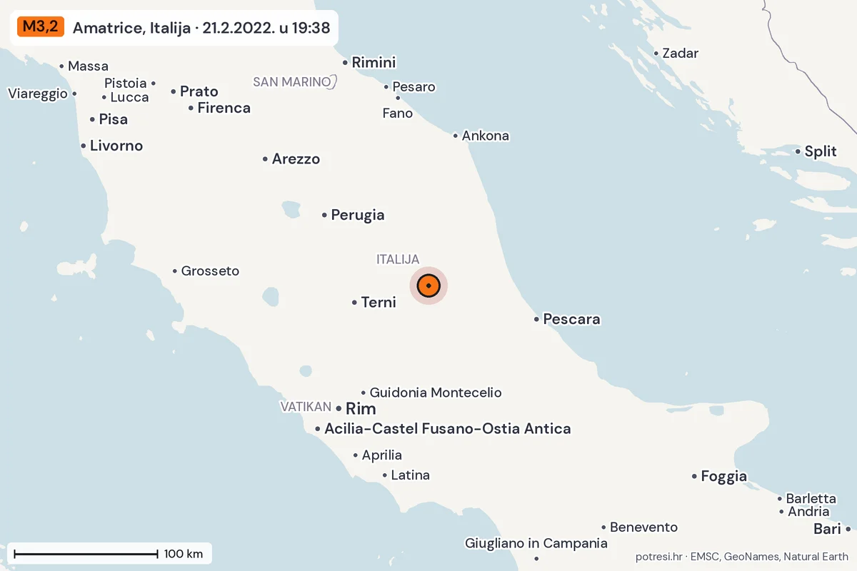 Karta: šire područje, 600 km, potres M3,2, Amatrice, Italija, 21.2.2022.